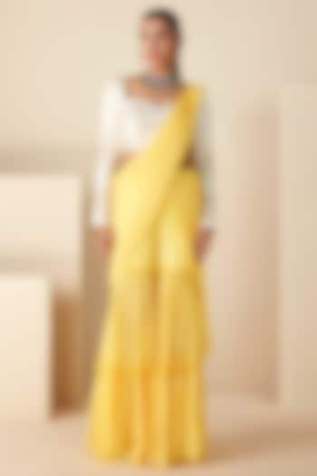 Yellow Georgette Crepe Pre-Draped Sharara Saree Set by Suruchi Parakh