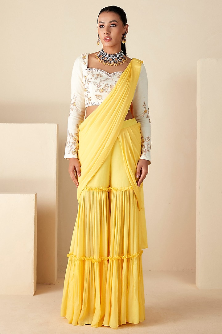 Yellow Georgette Crepe Pre-Draped Sharara Saree Set by Suruchi Parakh