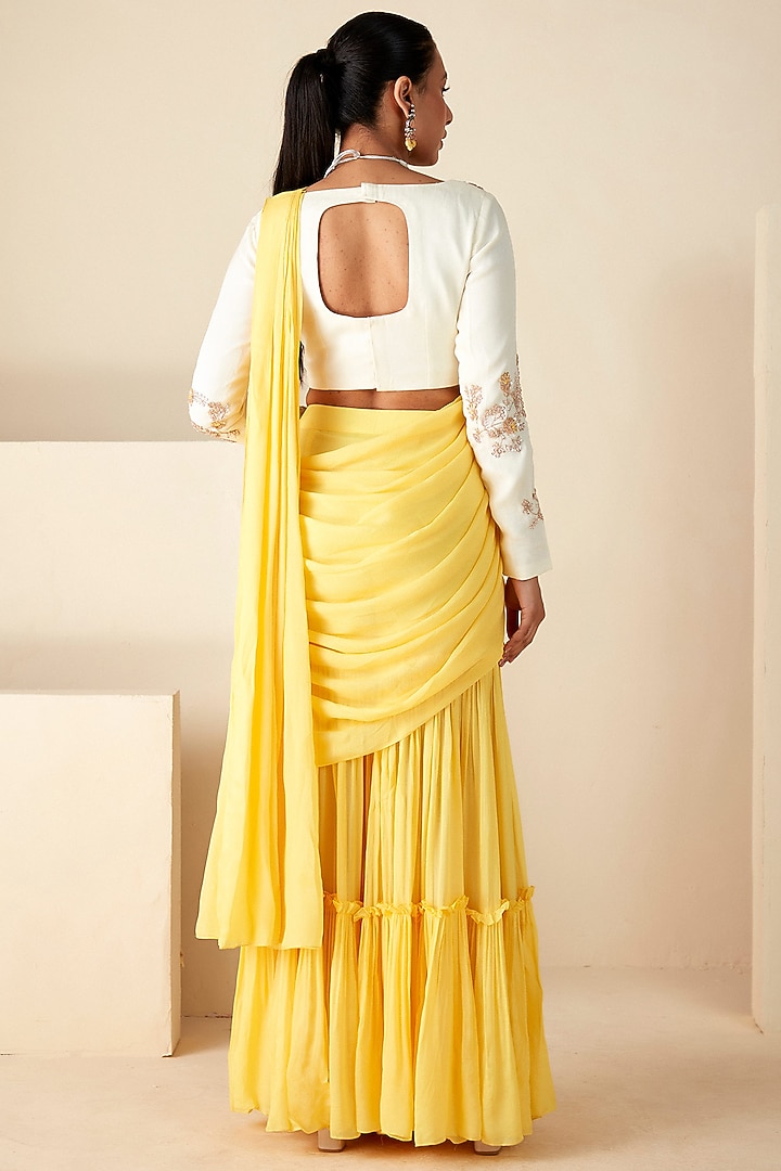 Yellow Georgette Crepe Pre-Draped Sharara Wedding Saree Set by Suruchi Parakh at Pernia's Pop Up Shop