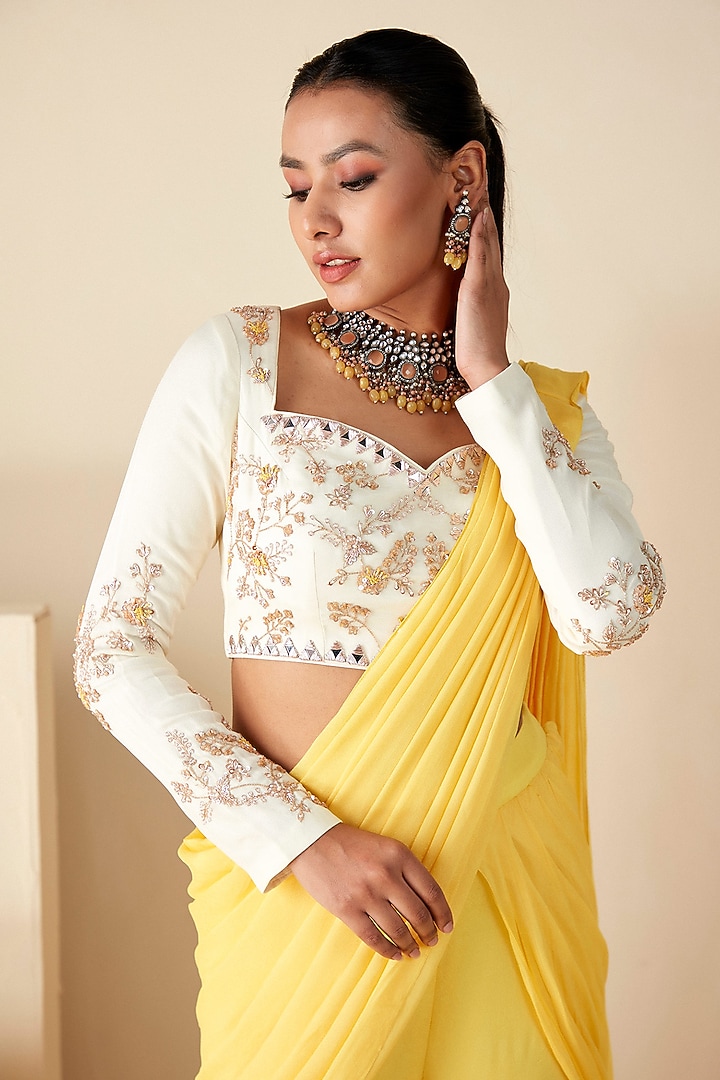 Yellow Georgette Crepe Pre-Draped Sharara Wedding Saree Set by Suruchi Parakh at Pernia's Pop Up Shop