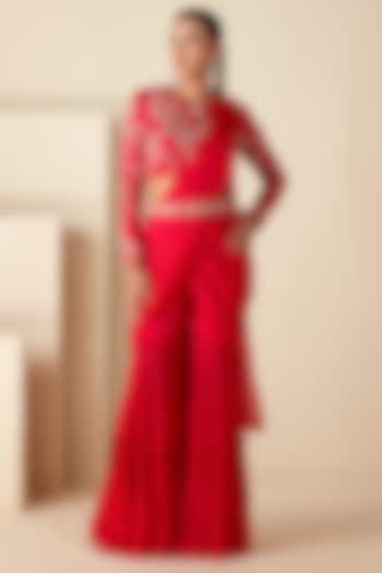 Red Georgette Crepe Pre-Draped Sharara Saree Set by Suruchi Parakh