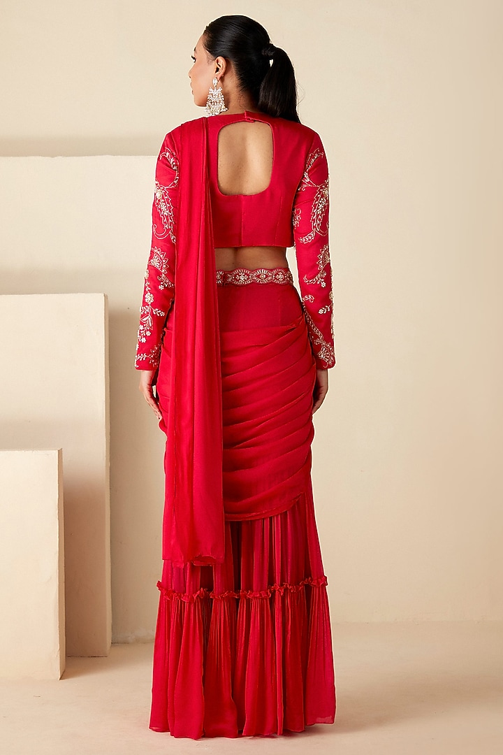 Red Georgette Crepe Pre-Draped Sharara Wedding Saree Set by Suruchi Parakh at Pernia's Pop Up Shop