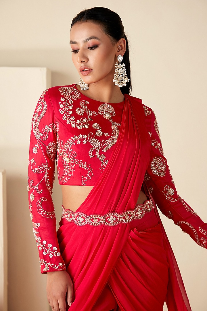 Red Georgette Crepe Pre-Draped Sharara Wedding Saree Set by Suruchi Parakh at Pernia's Pop Up Shop