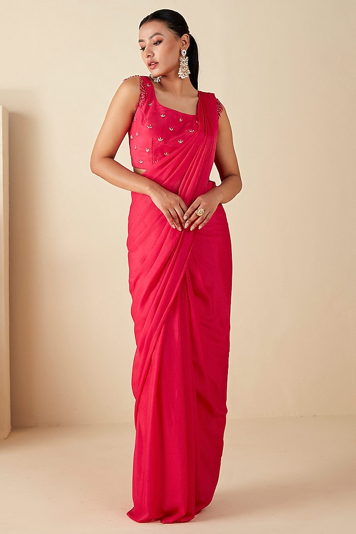 Pink Georgette Crepe Pre-Draped Party Wear Saree Set by Suruchi Parakh at Pernia's Pop Up Shop