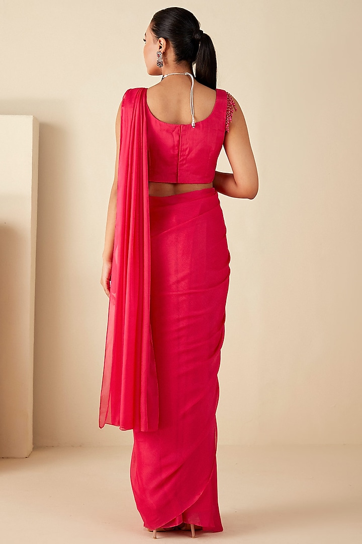 Pink Georgette Crepe Pre-Draped Party Wear Saree Set by Suruchi Parakh at Pernia's Pop Up Shop