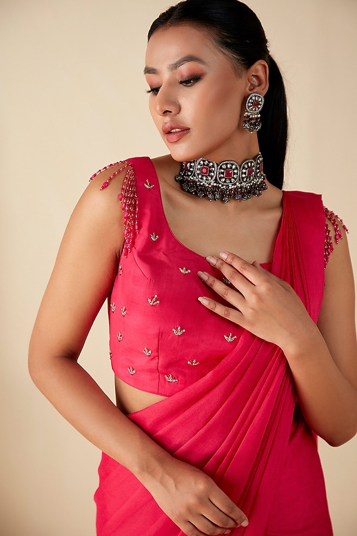 Pink Georgette Crepe Pre-Draped Party Wear Saree Set by Suruchi Parakh at Pernia's Pop Up Shop