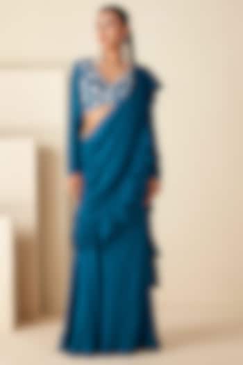 Teal Blue Georgette Crepe Pre-Draped Pant Saree Set by Suruchi Parakh