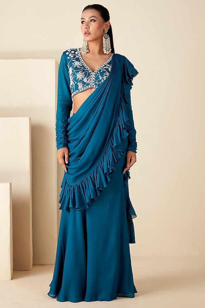 Teal Blue Georgette Crepe Pre-Draped Pant Saree Set by Suruchi Parakh