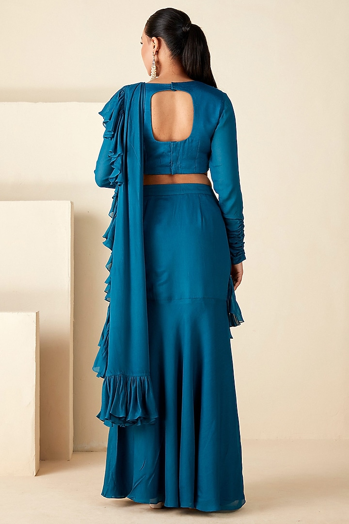 Teal Blue Georgette Crepe Pre-Draped Pant Wedding Saree Set by Suruchi Parakh at Pernia's Pop Up Shop