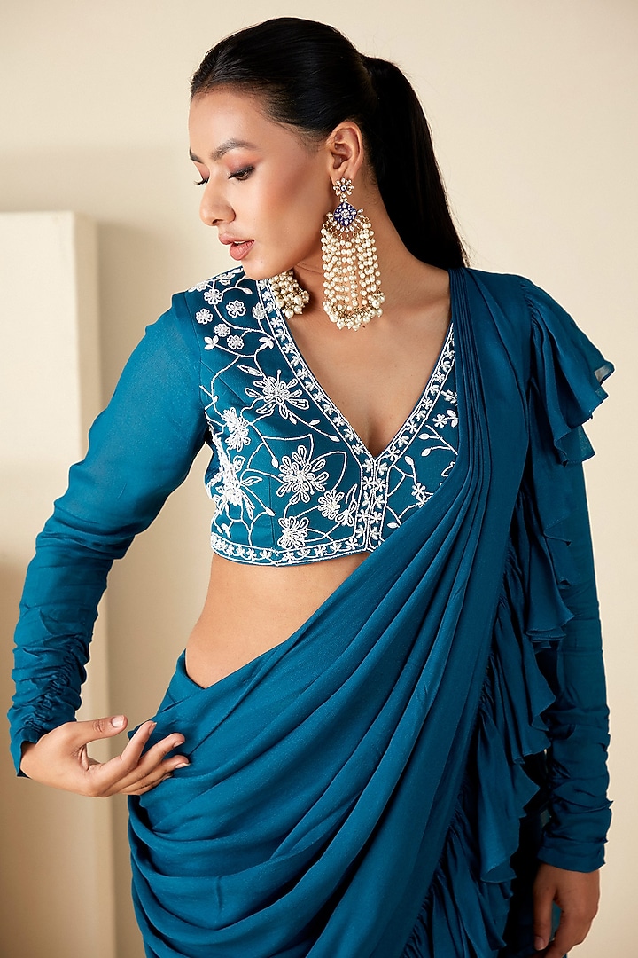 Teal Blue Georgette Crepe Pre-Draped Pant Wedding Saree Set by Suruchi Parakh at Pernia's Pop Up Shop