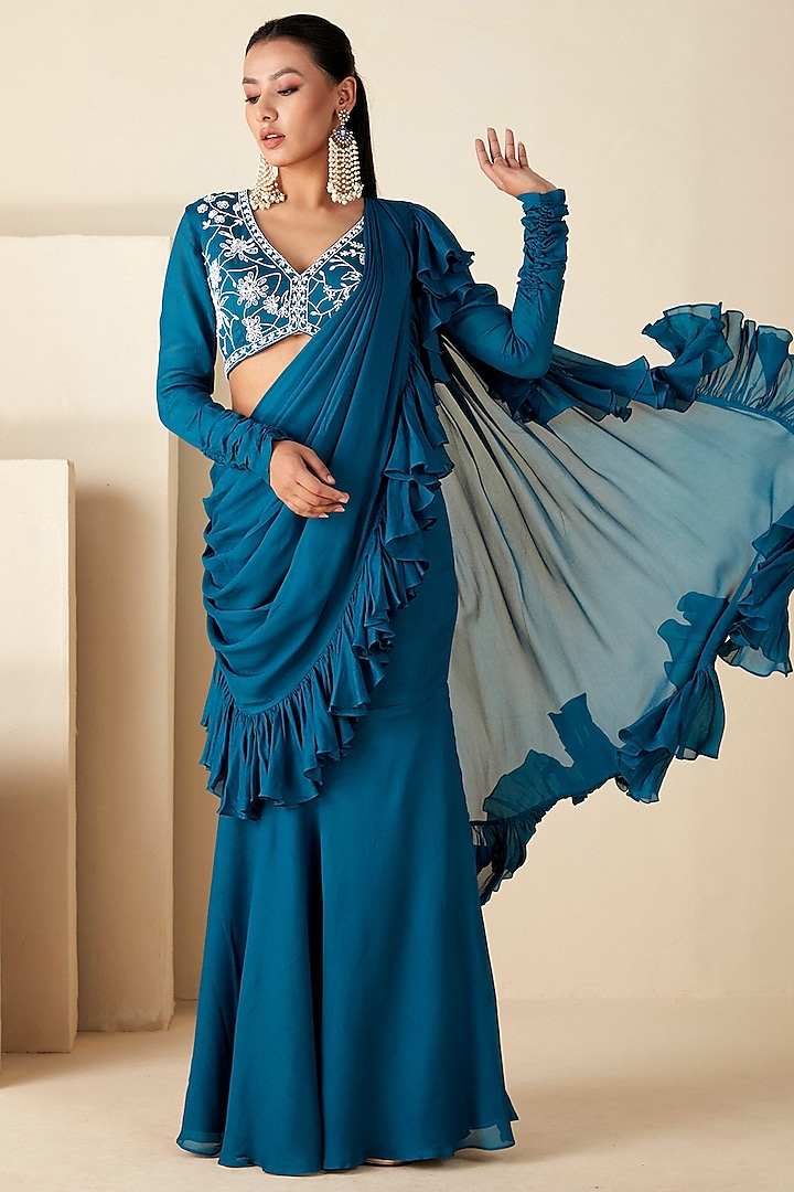 Teal Blue Georgette Crepe Pre-Draped Pant Wedding Saree Set by Suruchi Parakh at Pernia's Pop Up Shop