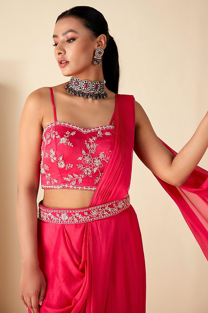 Pink Georgette Crepe Pre-Draped Skirt Wedding Saree Set by Suruchi Parakh at Pernia's Pop Up Shop