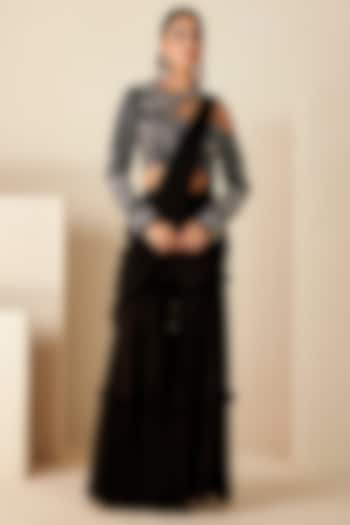 Black Georgette Crepe Pre-Draped Pant Saree Set by Suruchi Parakh