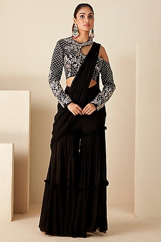 Black Georgette Crepe Pre-Draped Pant Saree Set by Suruchi Parakh