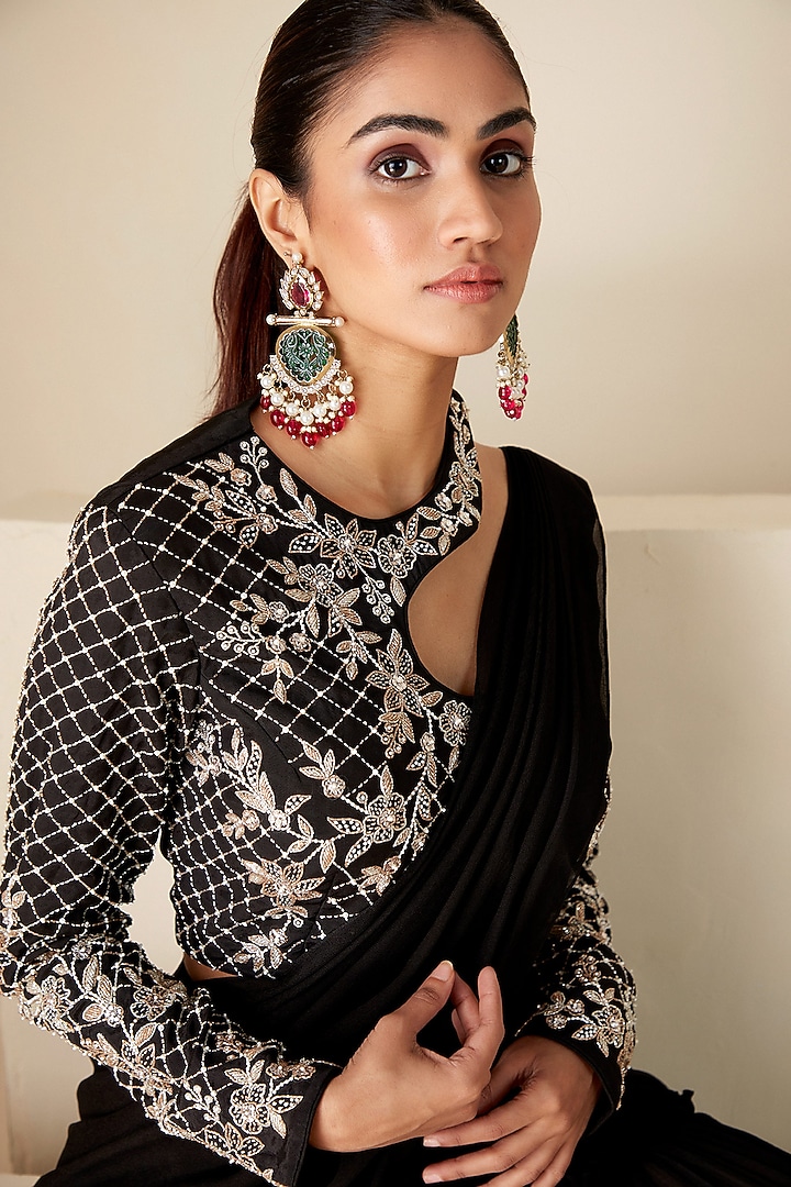 Black Georgette Crepe Pre-Draped Pant Wedding Saree Set by Suruchi Parakh at Pernia's Pop Up Shop