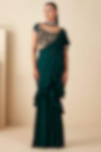 Green Georgette Crepe Pre-Draped Pant Saree Set by Suruchi Parakh