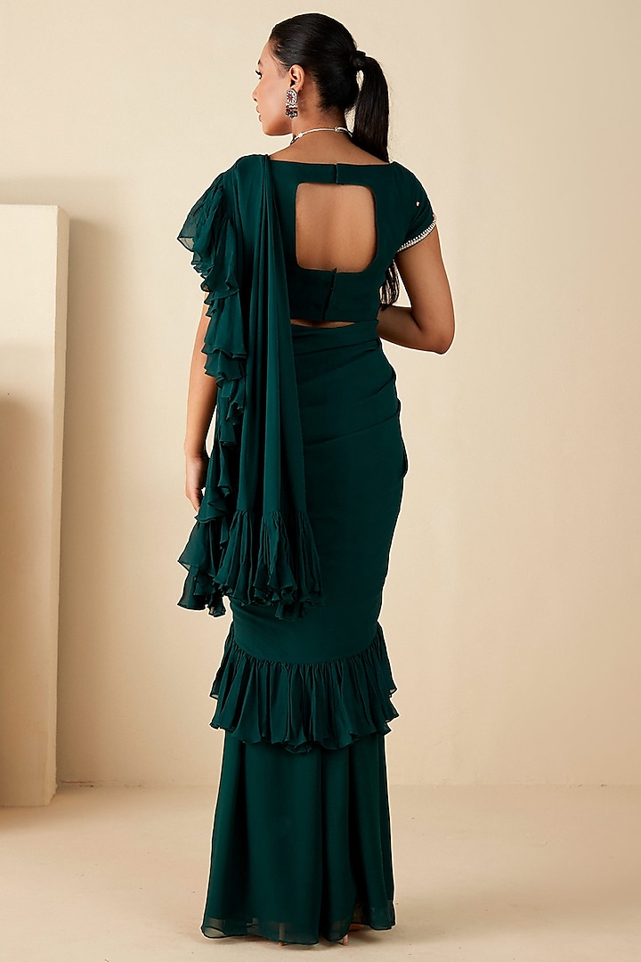 Green Georgette Crepe Pre-Draped Pant Wedding Saree Set by Suruchi Parakh at Pernia's Pop Up Shop