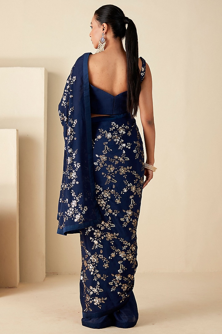 Dark Teal Georgette Crepe Sequins Work Wedding Saree Set by Suruchi Parakh at Pernia's Pop Up Shop