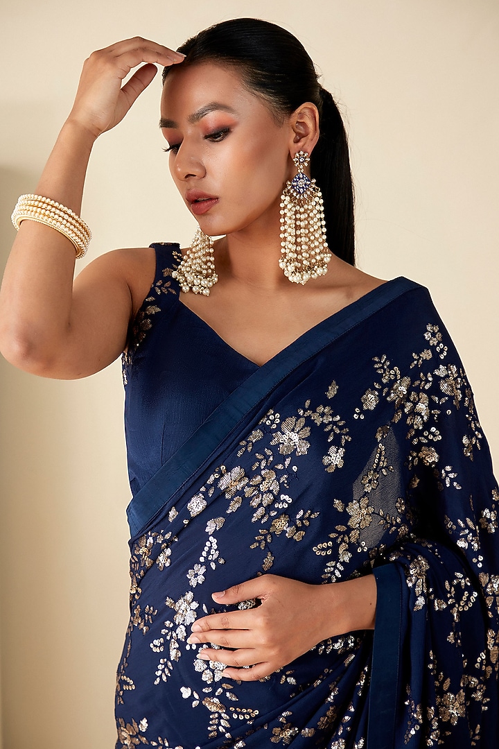 Dark Teal Georgette Crepe Sequins Work Wedding Saree Set by Suruchi Parakh at Pernia's Pop Up Shop