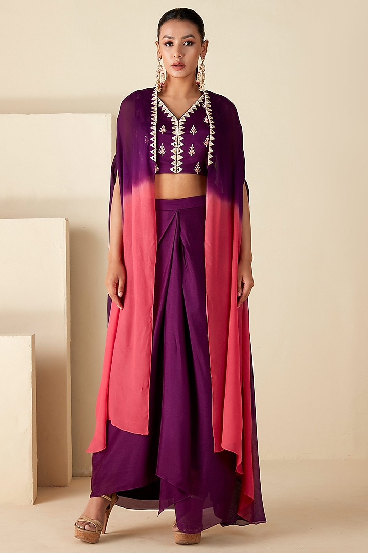 Purple & Pink Ombre Georgette Crepe Cape Set by Suruchi Parakh at Pernia's Pop Up Shop