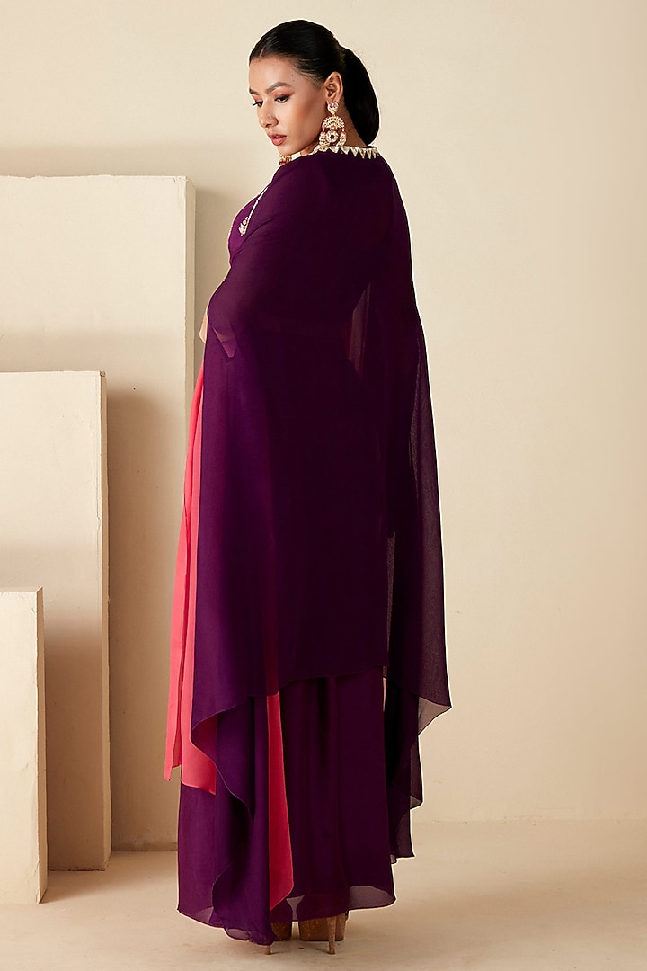 Purple & Pink Ombre Georgette Crepe Cape Set by Suruchi Parakh at Pernia's Pop Up Shop