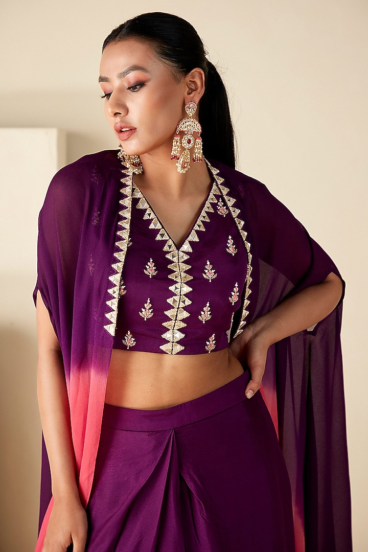 Purple & Pink Ombre Georgette Crepe Cape Set by Suruchi Parakh at Pernia's Pop Up Shop
