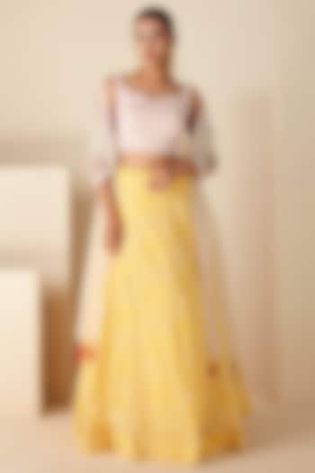 Yellow Georgette Crepe & Soft Organza Thread Work Cape Set by Suruchi Parakh at Pernia's Pop Up Shop