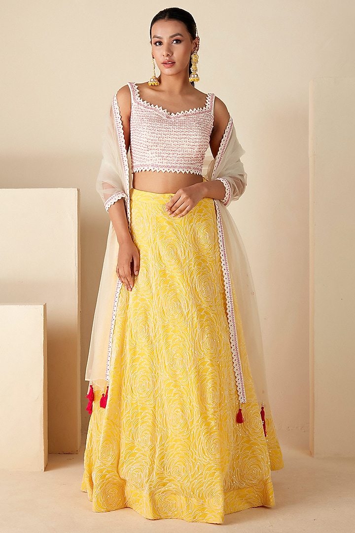 Yellow Georgette Crepe & Soft Organza Thread Work Cape Set by Suruchi Parakh at Pernia's Pop Up Shop