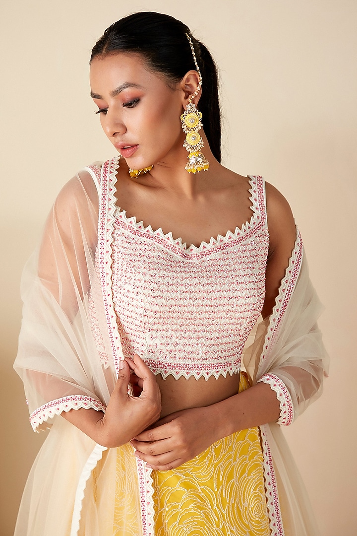 Yellow Georgette Crepe & Soft Organza Thread Work Cape Set by Suruchi Parakh at Pernia's Pop Up Shop