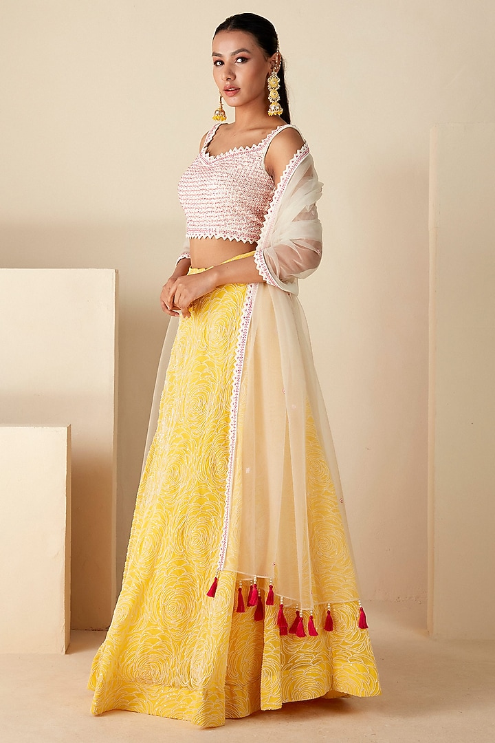 Yellow Georgette Crepe & Soft Organza Thread Work Cape Set by Suruchi Parakh at Pernia's Pop Up Shop