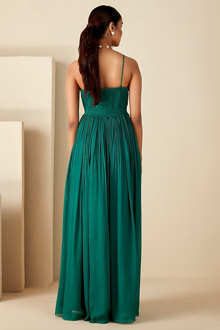 Green Georgette Crepe Thread Embroidered Vacation Dress by Suruchi Parakh at Pernia's Pop Up Shop