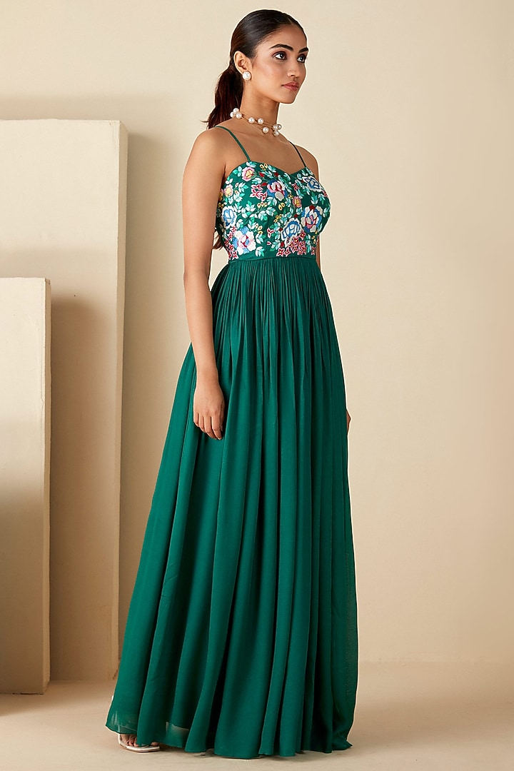 Green Georgette Crepe Thread Embroidered Vacation Dress by Suruchi Parakh at Pernia's Pop Up Shop