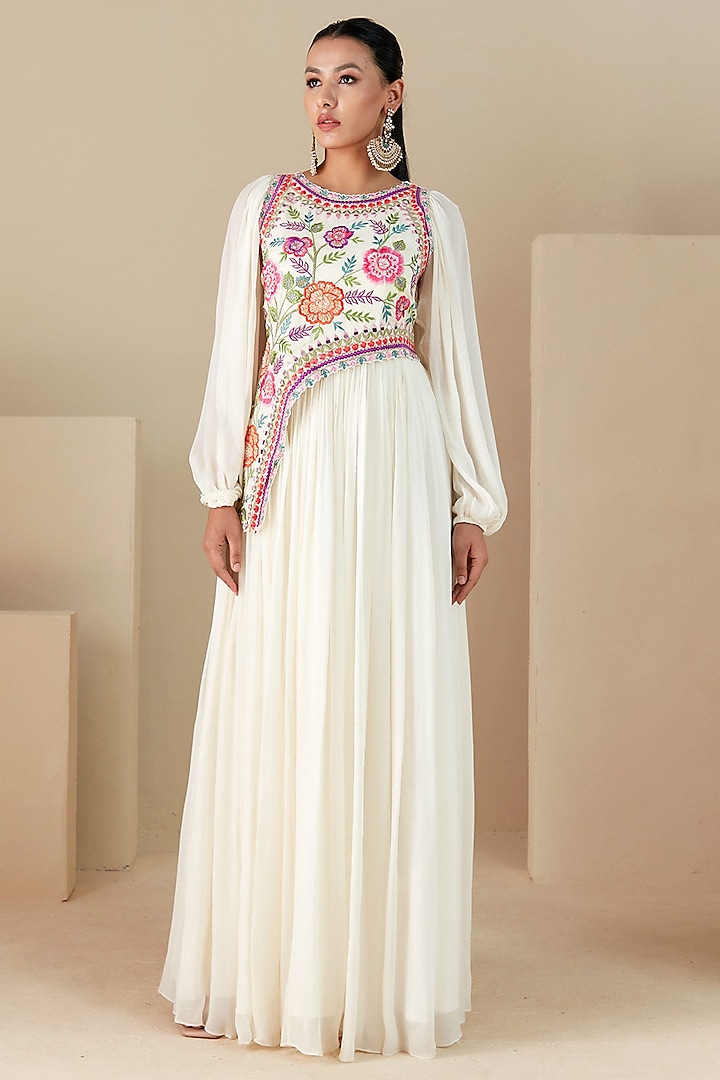 Off-White Georgette Crepe Thread Embroidered Dress by Suruchi Parakh