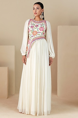 Off-White Georgette Crepe Thread Embroidered Dress by Suruchi Parakh