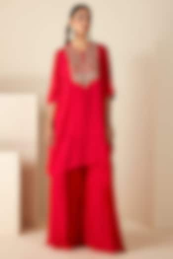 Red Georgette Crepe Handcrafted Kurta Set by Suruchi Parakh at Pernia's Pop Up Shop