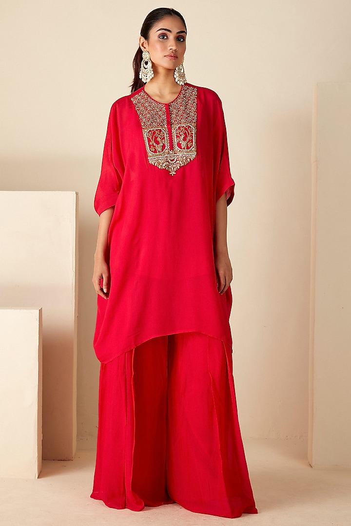 Red Georgette Crepe Handcrafted Kurta Set by Suruchi Parakh at Pernia's Pop Up Shop