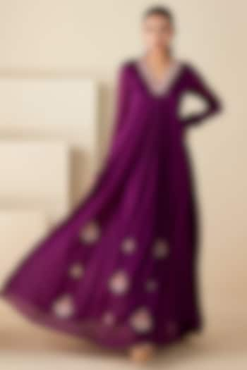 Purple Georgette Crepe Thread Embroidered A-Line Dress by Suruchi Parakh