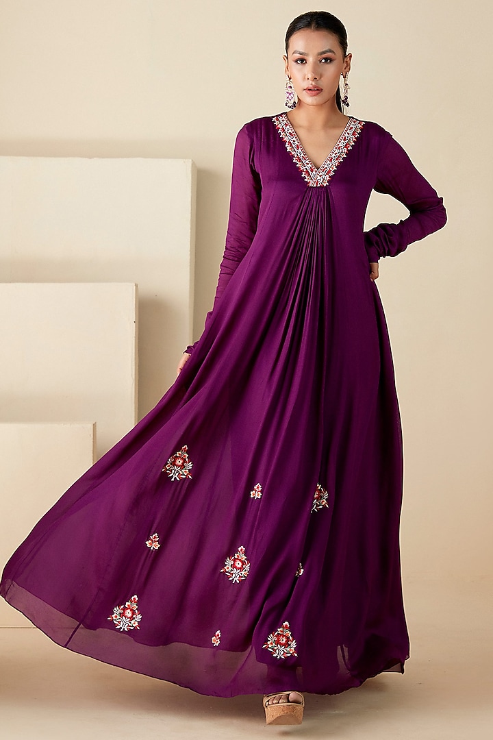 Purple Georgette Crepe Thread Embroidered A-Line Dress by Suruchi Parakh