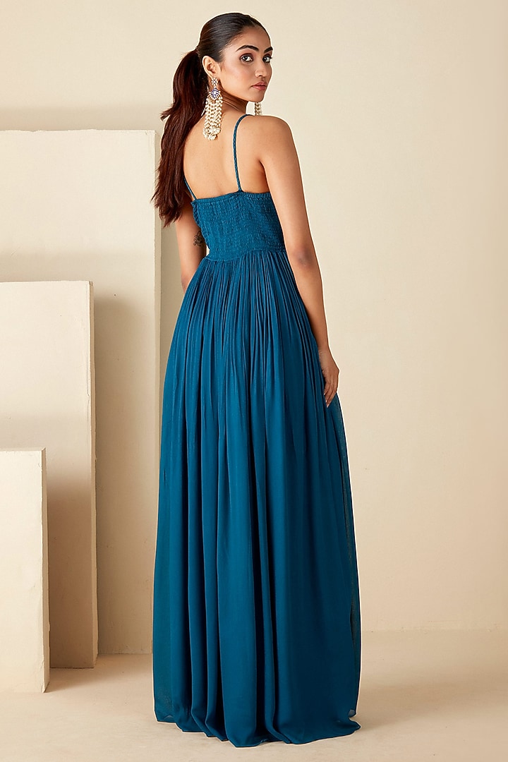 Teal Blue Georgette Crepe Thread Embroidered Vacation Dress by Suruchi Parakh at Pernia's Pop Up Shop