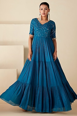 Teal Blue Georgette Crepe Thread Embroidered Anarkali Set by Suruchi Parakh