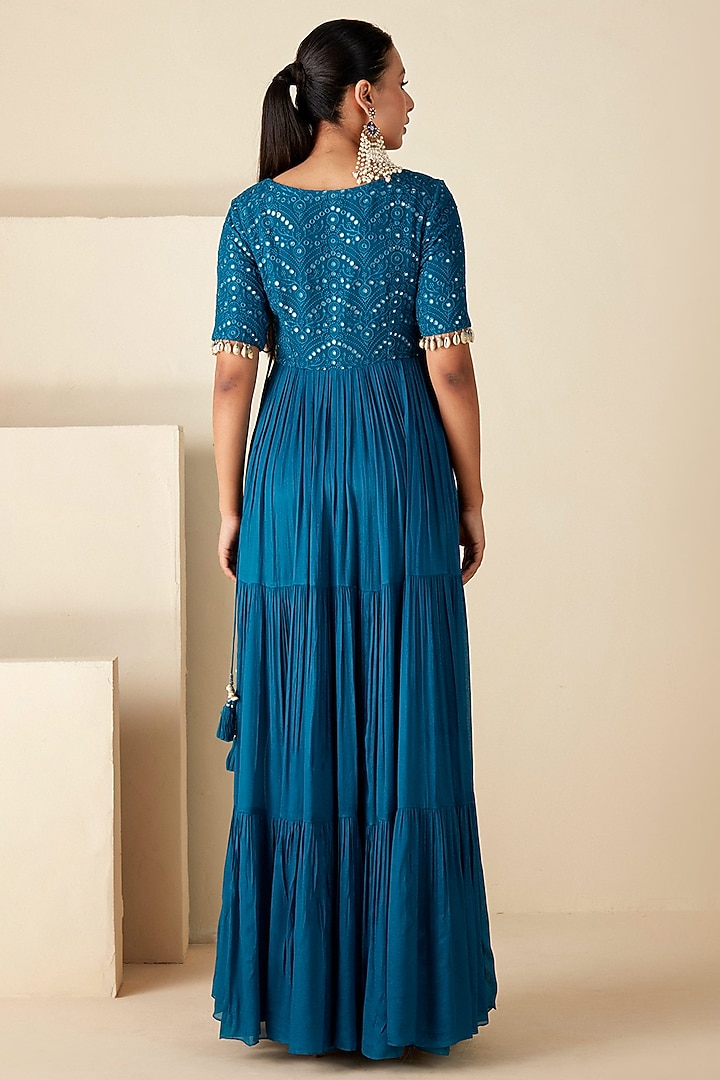 Teal Blue Georgette Crepe Thread Embroidered Party Wear Anarkali Set by Suruchi Parakh at Pernia's Pop Up Shop