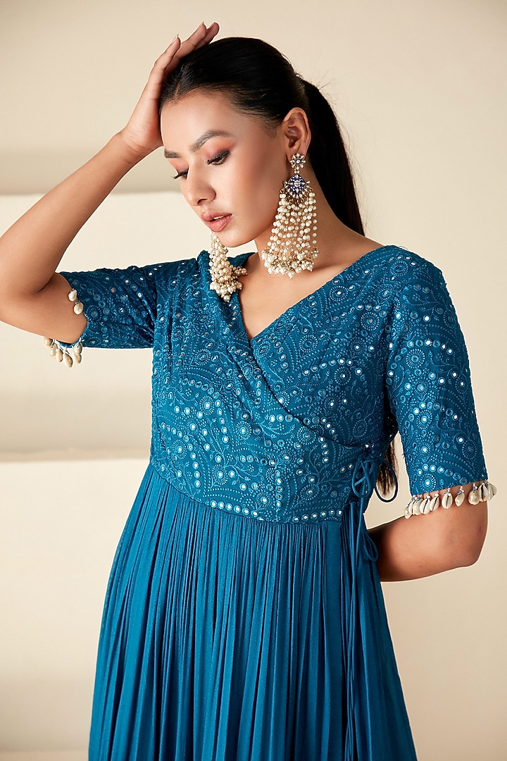 Teal Blue Georgette Crepe Thread Embroidered Party Wear Anarkali Set by Suruchi Parakh at Pernia's Pop Up Shop