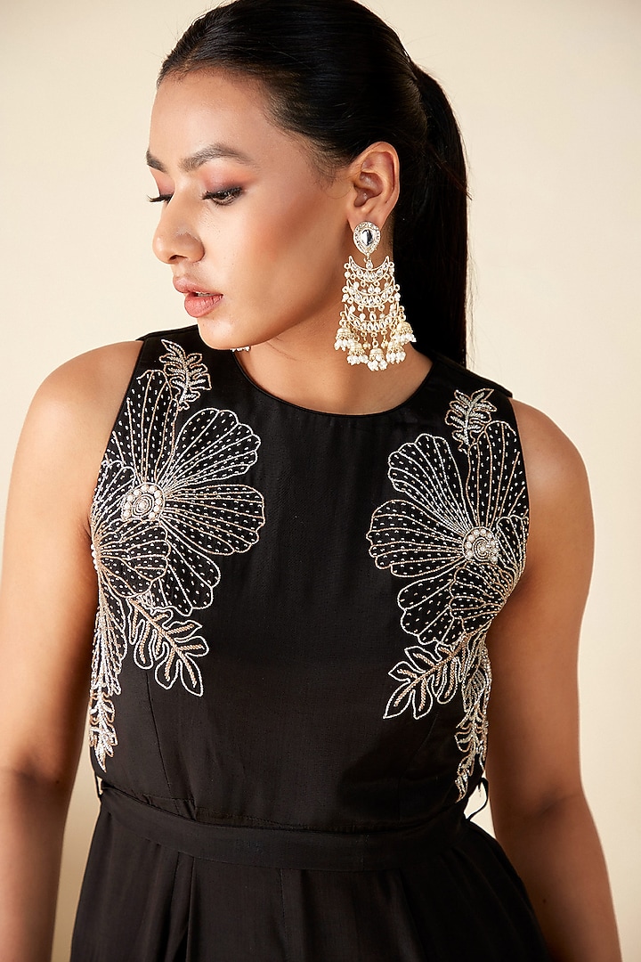 Black Crepe Silk Floral Handwork Jumpsuit by Suruchi Parakh at Pernia's Pop Up Shop