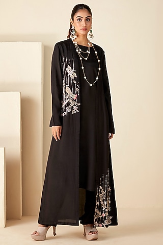 Black Crepe Silk Handcrafted Jacket Set by Suruchi Parakh