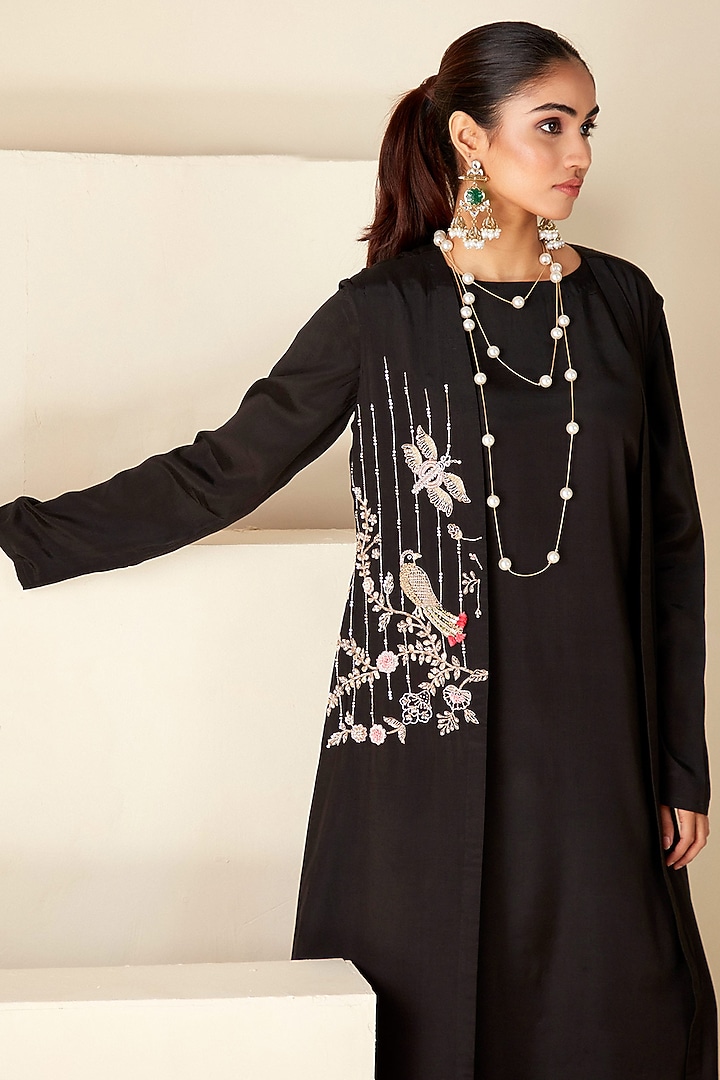Black Crepe Silk Handcrafted Jacket Set by Suruchi Parakh at Pernia's Pop Up Shop