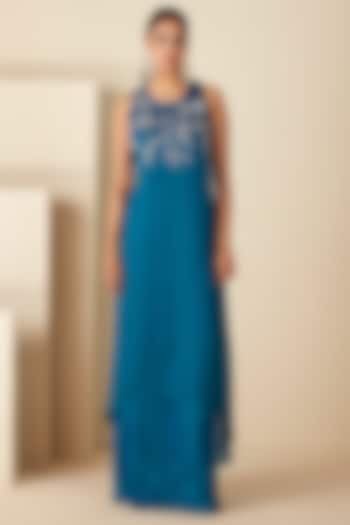 Teal Blue Crepe Silk Handcrafted Layered Dress by Suruchi Parakh