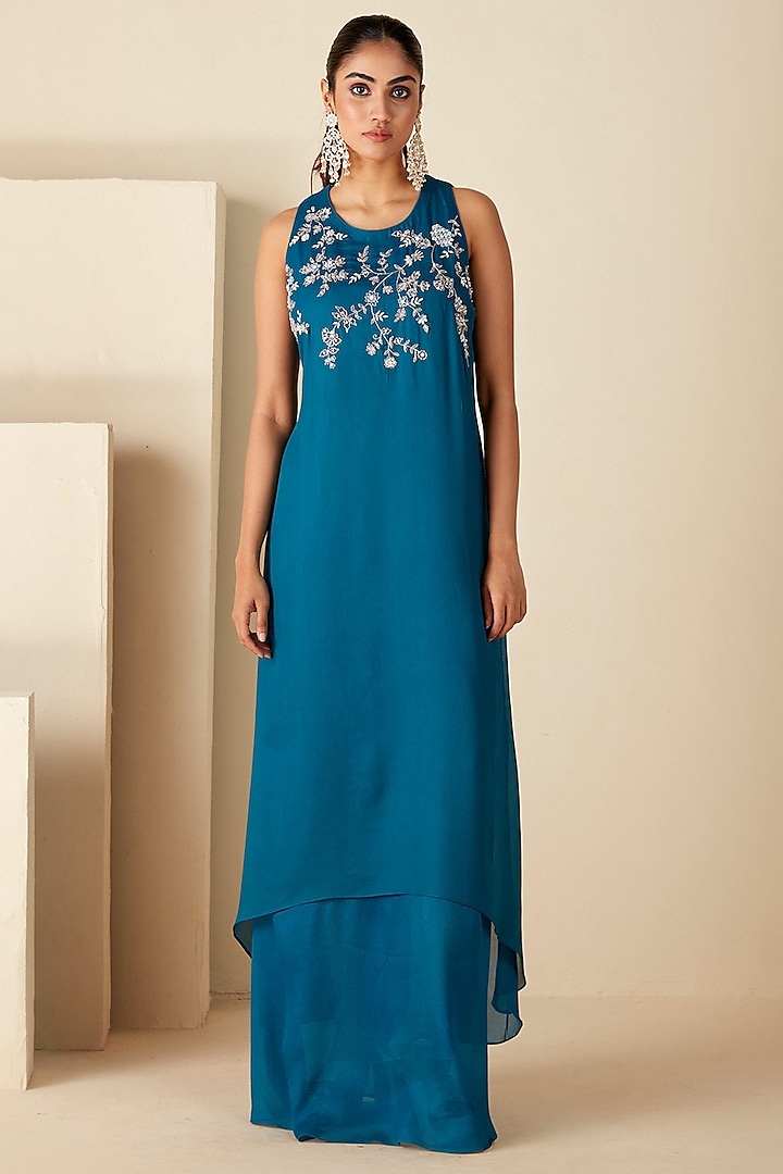 Teal Blue Crepe Silk Handcrafted Layered Dress by Suruchi Parakh