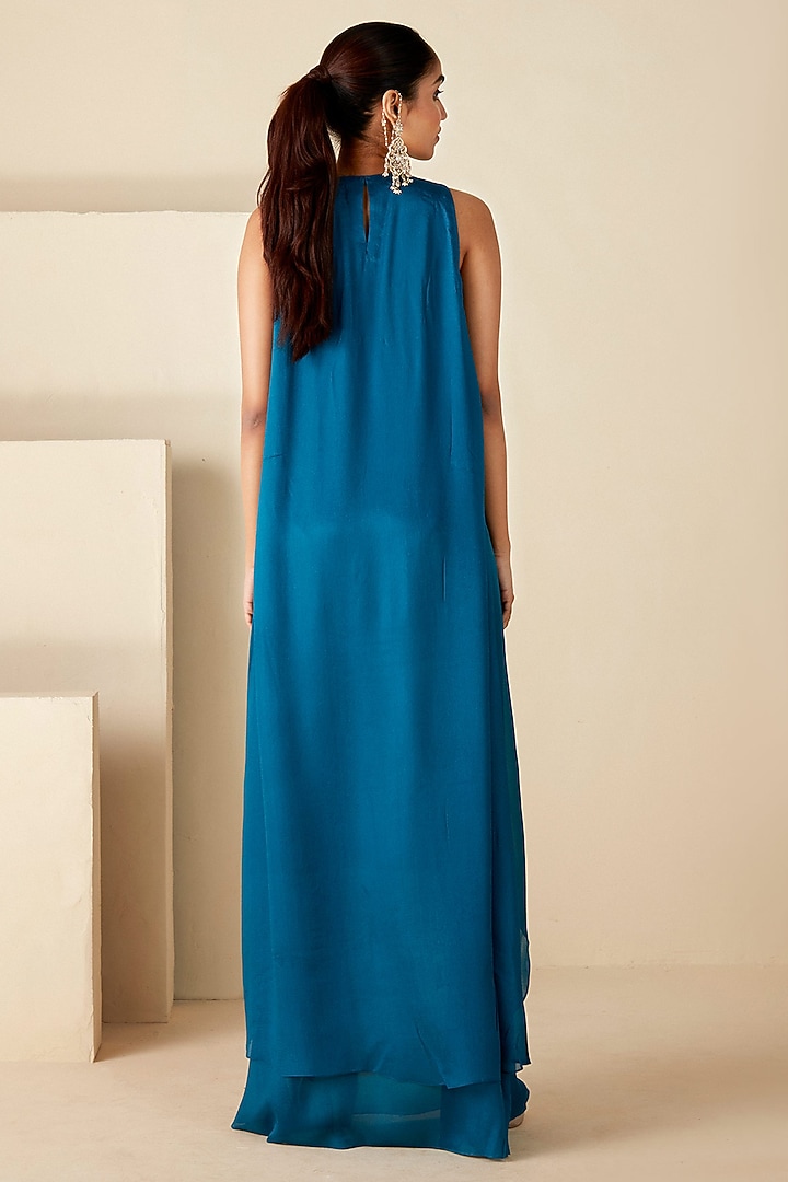 Teal Blue Crepe Silk Handcrafted Layered Vacation Dress by Suruchi Parakh at Pernia's Pop Up Shop