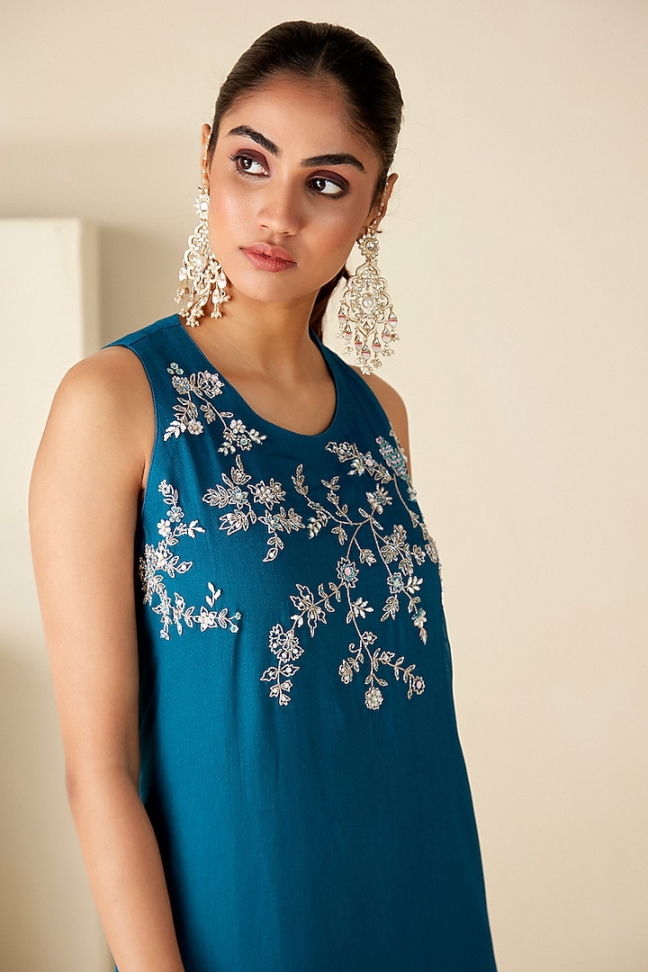 Teal Blue Crepe Silk Handcrafted Layered Vacation Dress by Suruchi Parakh at Pernia's Pop Up Shop