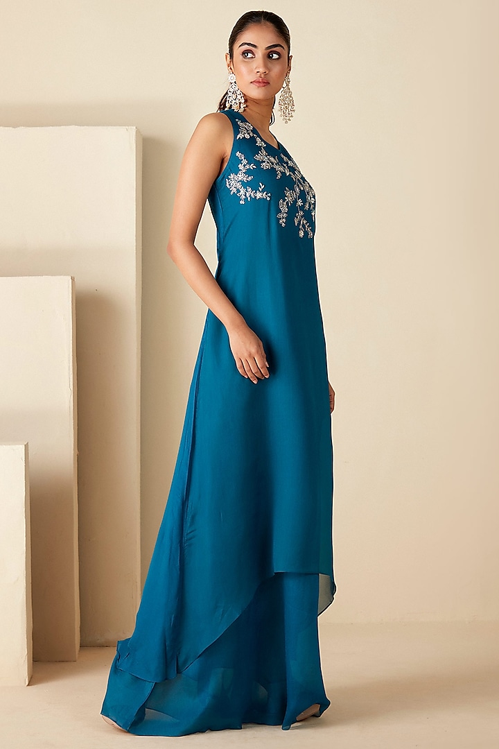 Teal Blue Crepe Silk Handcrafted Layered Vacation Dress by Suruchi Parakh at Pernia's Pop Up Shop